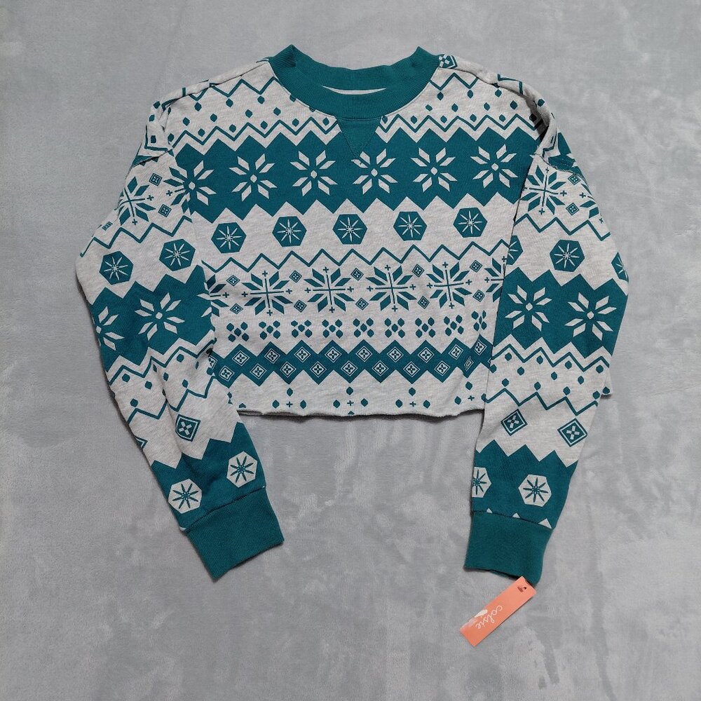 NWT Colsie Women"s M Crop Fair Isle Sweatshirt Gray Teal Pullover Long Sleeve